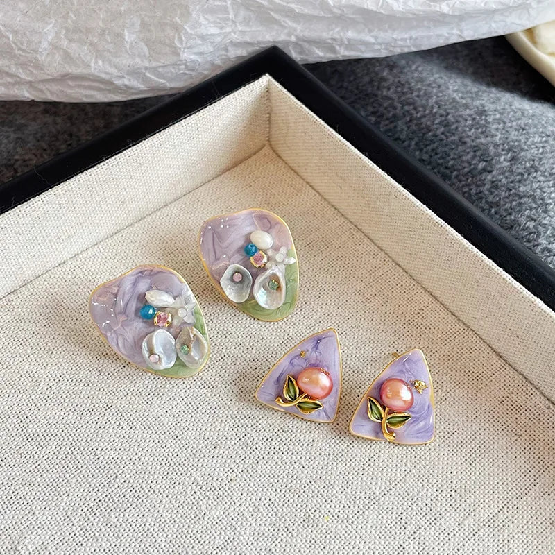 Girls Drip Glaze Hand-Painted Graffiti Purple Pink Flower Freshwater Pearl S925 Silver Stud Earring Elegant Trendy Jewelry