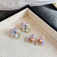 Girls Drip Glaze Hand-Painted Graffiti Purple Pink Flower Freshwater Pearl S925 Silver Stud Earring Elegant Trendy Jewelry