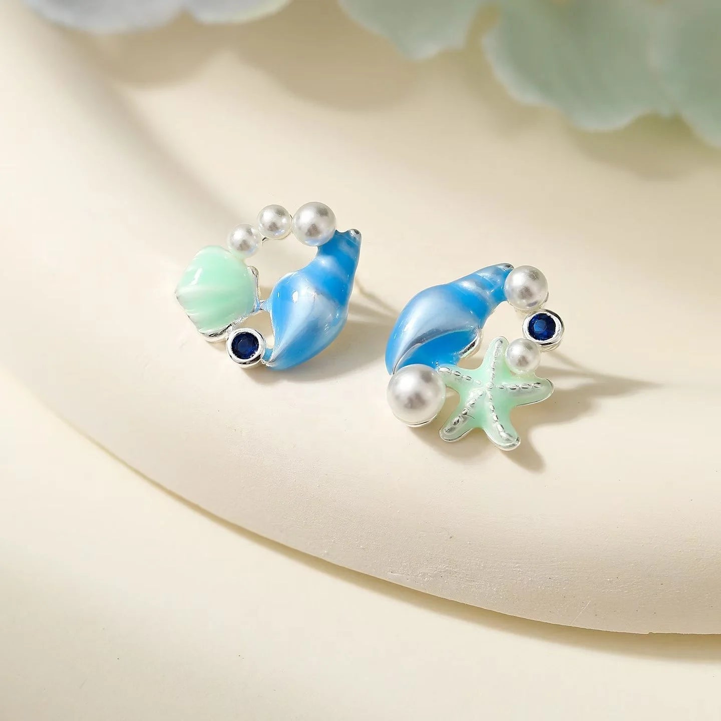 Copper Alloy Blue Sweet Stud Earrings with Starfish Conch Shell Pearl Earrings Light Fashion Ear Stud Wholesale Women's Jewelry
