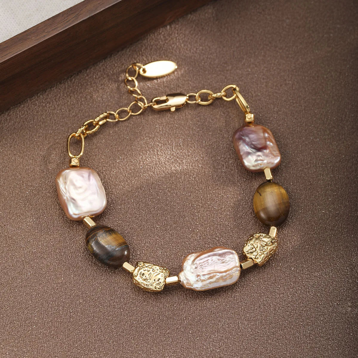 Fashion Baroque Pearl Tiger Eye Stone Copper 18K Gold Plated Bracelets for Girls Jewelry for Women Ladies Wholesale Bulk