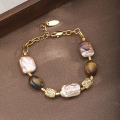 Fashion Baroque Pearl Tiger Eye Stone Copper 18K Gold Plated Bracelets for Girls Jewelry for Women Ladies Wholesale Bulk