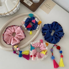 Girls Tassels Balls Decorative Solid Color Large Hair Ties Sweet Ethnic Fashion Ponytail Holder Scrunchies Accessories for Kids