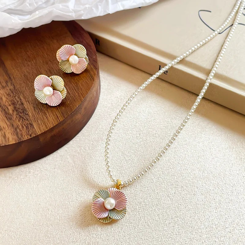 Fashion S925 Silver Flower Freshwater 18K Gold Plated Jewelry Sets for Girls Sweet Earrings Necklaces for Women Ladies Bulk