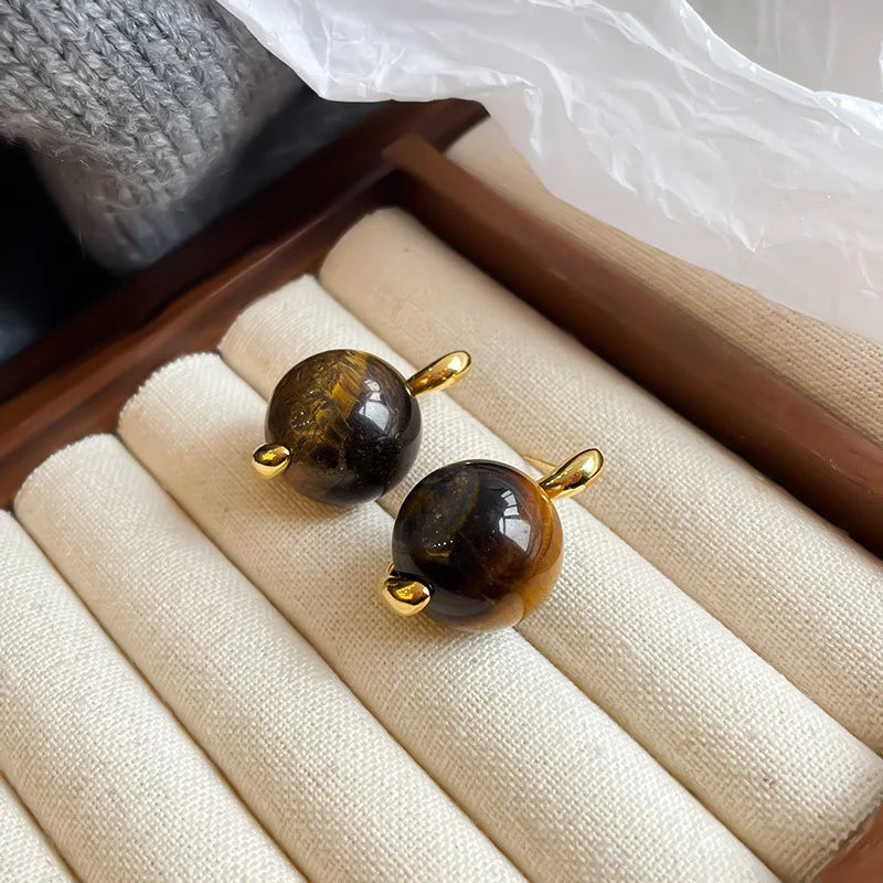 Unisex Black Agate Brown Red Tiger Eye Stone S925 Silver Stud Earring Fashion Dainty Factory Price in Stock Jewelry for Causal