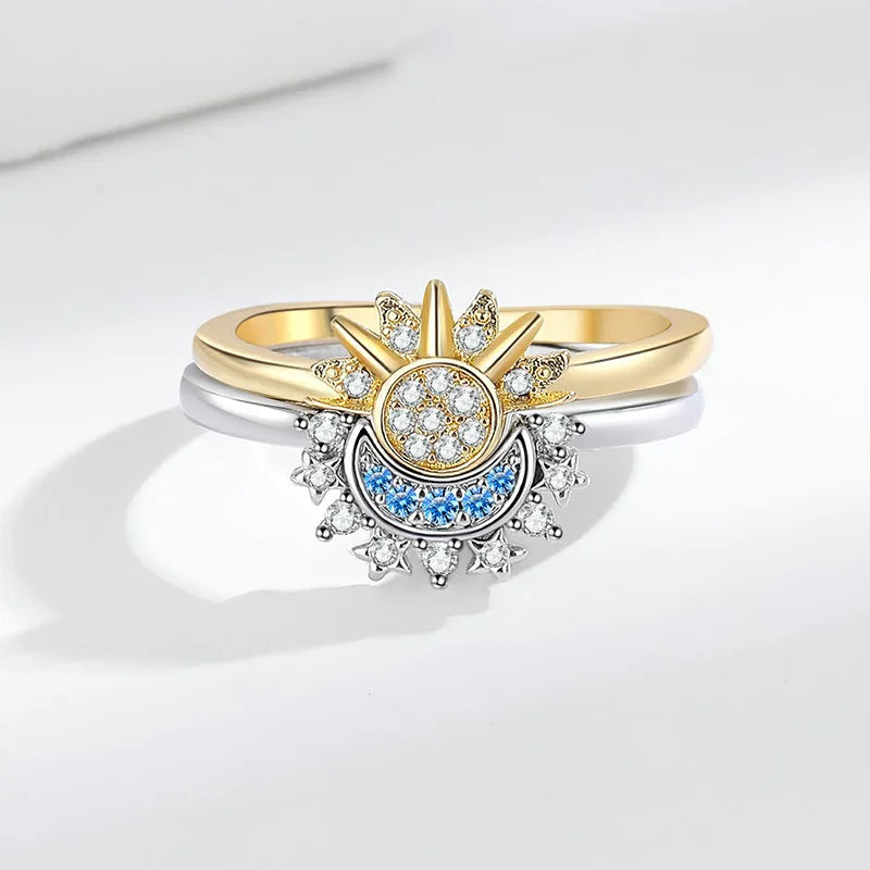 Women's Simple Design Sun Moon Shining Stacked Ring with Zircon Glitter Elegant Ring European and American Custom Jewelry Bulk