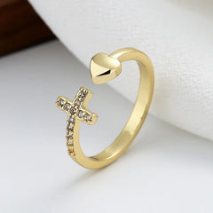 Zircon-encrusted Cross Heart-shaped Opening Rings for Women Couple Simple Rings Unisex in Stock Jewelry Accessories Wholesale