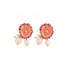 Female Green Pink Flower S925 Silver Freshwater Pearl 18k Gold-plated Drop Earring Bulk in Stock Fashion Jewelry for Daily