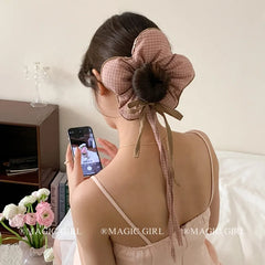 Fashion Brown Plaid Elegant Flower Scrunchies for Girls Trendy Stylish Ribbon Hair Ties for Women Ladies Hair Accessories Chic