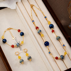 Fashion Ceramic Lapis Lazuli Agate Natural Stone 18K Gold Plated Jewelry Sets for Girls  Bracelets Earrings for Women Ladies