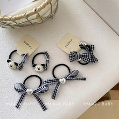 Kids Grey Grid Heart Dogs Decorative Small Hair Ties Fashion Chic Cute Ponytail Holder Scrunchies Accessories for Children Daily