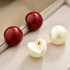 Retro Women's Earrings Stud Wine Red Imitation Pearl Ball Earrings Fashionable Elegant Light Luxury Fashion Wholesale Jewelry
