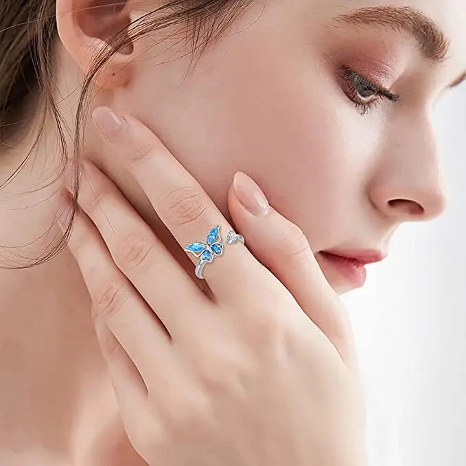 Women's Rotating Opening Rings Blue Butterfly with Zircon Niche Simple Ring InstaStyle Jewelry Accessories Wholesale Hot Sale