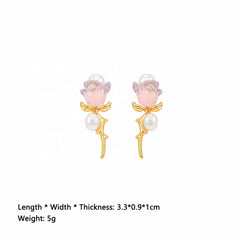 Female Charms Rose Flower Blue Pink Freshwater Pearl S925 Silver 18k Gold-plated Earring Low MOQ in Stock Jewelry for Women