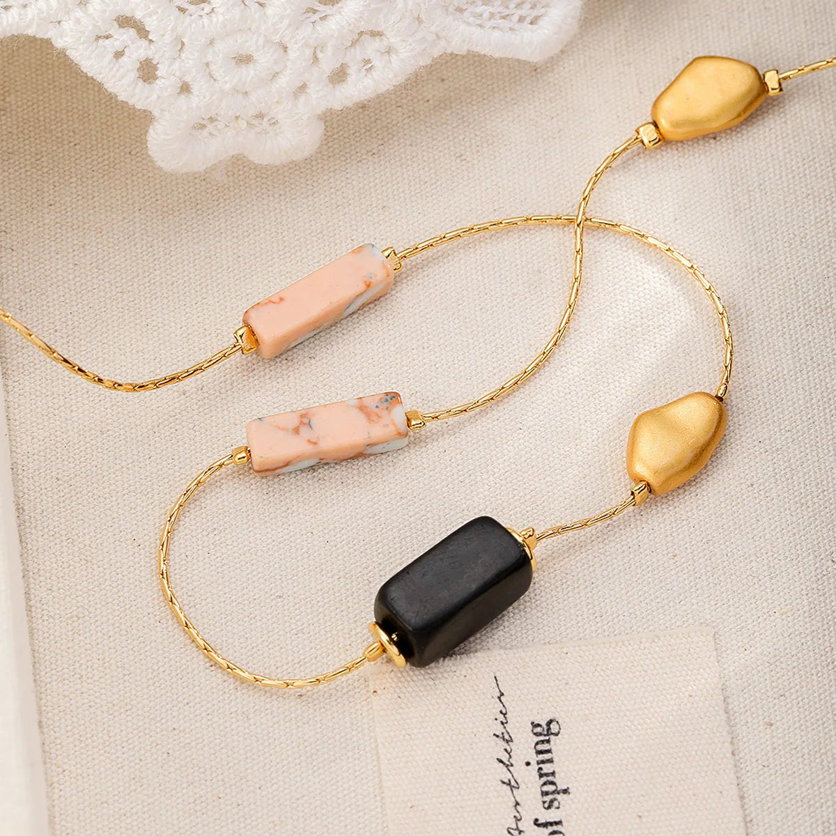 Unisex Gold Chain Wooden Cylinder Copper Beads Natural Stone Necklace Fashion Charms Dainty Low MOQ in Stock Jewelry for Daily