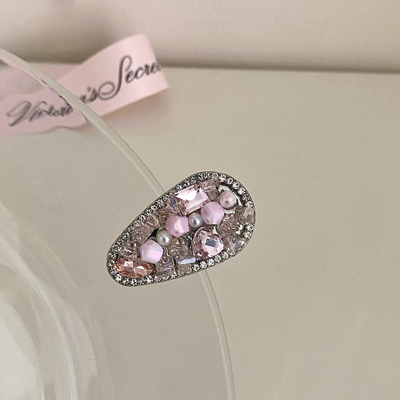 Women Pink Rhinestone Imitation Pearl Hair Clips Fashion Sweet Sparking Customized in Stock Wholesale Snap Clips  Accessories