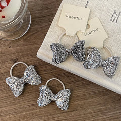 Girls Elegant Lightweight Solid Silver Glitter Bowknot Hair Ties Small Fashion Accessories for Children Sweet Style