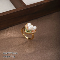 Fashion Freshwater Pearl Flowers Copper 18K Gold Plated Rings for Girls Sweet Elegent Jewelry for Women Ladies Wholesale Bulk