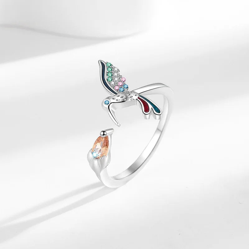 Women's Adjustable Hummingbird Rings Fashionable Simple Inlaid with Colorful Zircon Luxury Ring Accessories European American