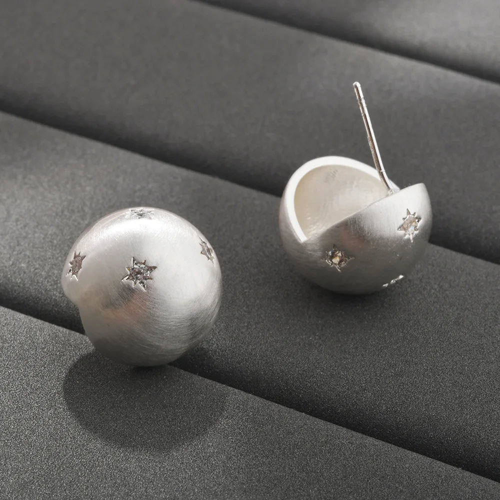 Geometric Spherical Brushed Hexagonal Star Stud Earrings with Zircon Simple Light Luxury High-end Niche style Earrings Women