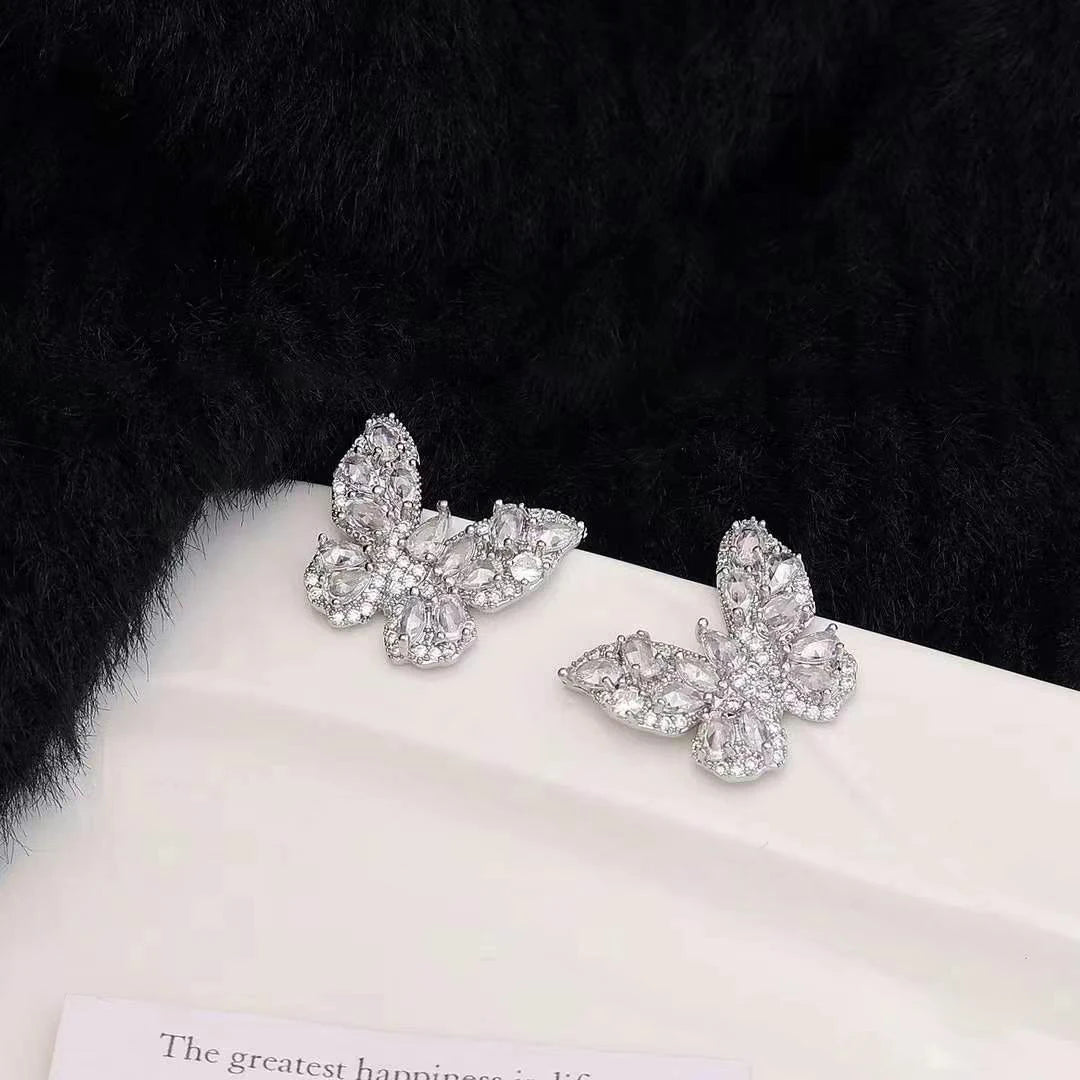 Women Butterfly Silver Small Stud Earring Fashion Elegant Glitter Sparking Wholesale Jewelry Accessories for Female Office Daily