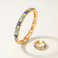 Fashion Vintage Charms Elegant Bangles Charms Rings for Girls Dainty Flowers Graceful Jewelry Sets for Women Ladies Accessories