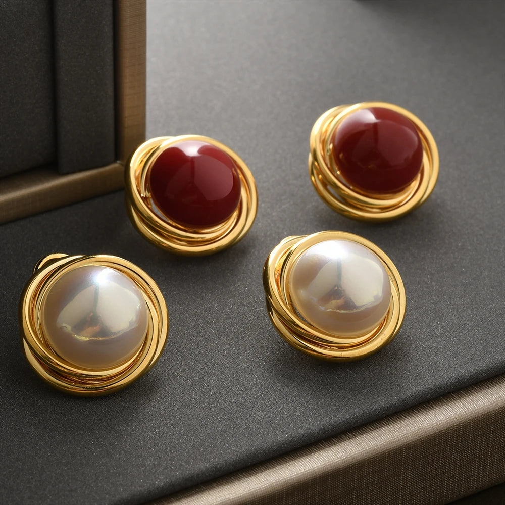 High-end Stud Earrings Retro Court Style Ancora Red Wine Pearl Earrings Elegant Fashion Light Luxury Earrings for Festive Party