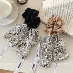 European Trendy Vintage Women's Hair Scrunchy Glitter Bows Hair Ribbon with High Elastic Elegant Daily Use Hair Accessory
