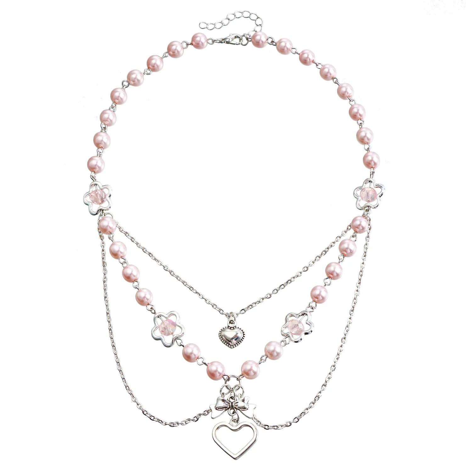 Fashion Sweet Princess Style Imitation Pearl Heart Shaped Necklaces Layered Wearing Jewelry for Women Ladies Accessories Daily