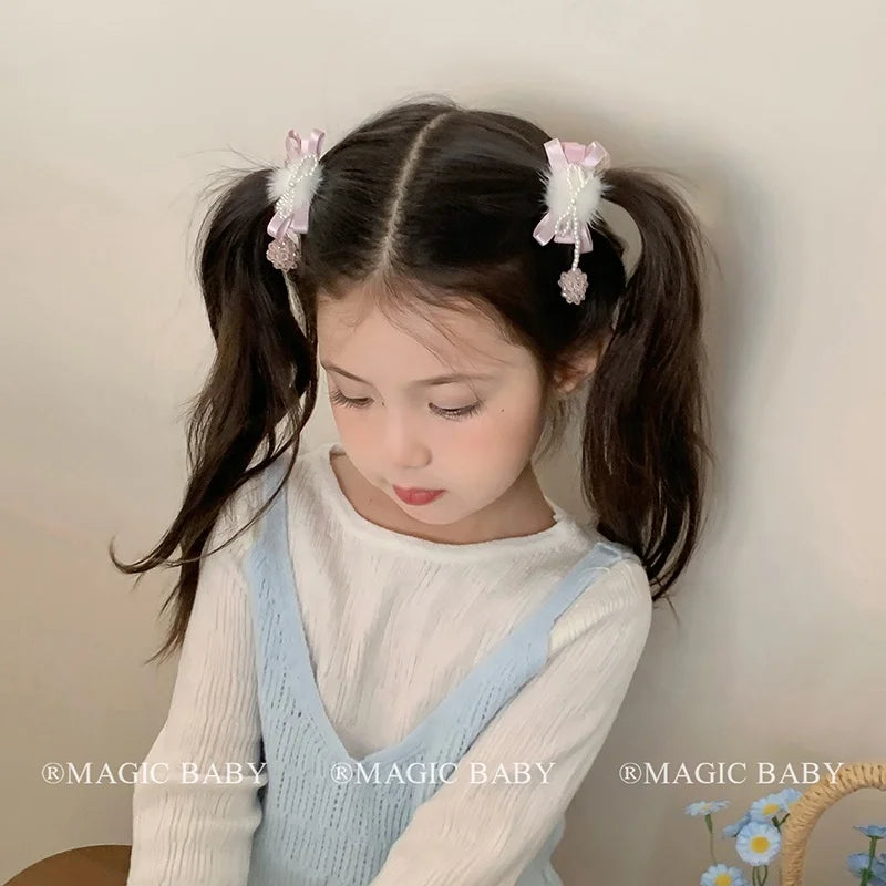 Fashion Cute Sweet Ribbon Bowknot Fluffy Hair Clips for Baby Girls Kawaii Princess Alligators for Kids Children Hair Accessories