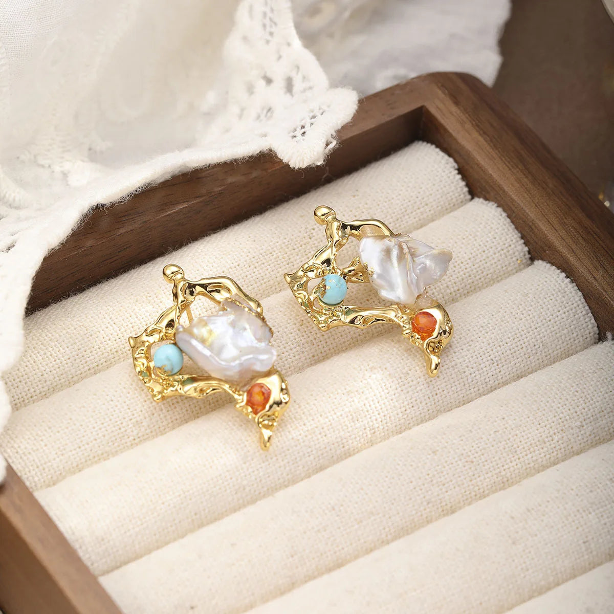 Women' Brown Zircon Blue Turquoise Baroque Pearl Stud Earring Elegant Fashion Trendy Low MOQ in Stock Jewelry for Female Causal