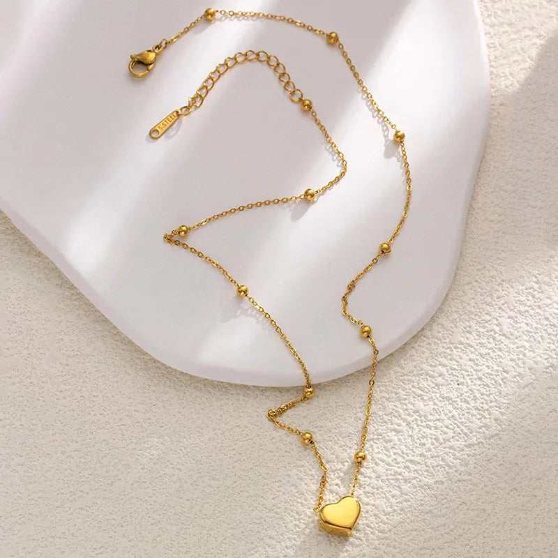 Fashion Heart Pendant Necklace Copper 18K Gold Plated Bead Chain Jewelry for Women Sweet Girl Retro Dainty Accessories Wholesale