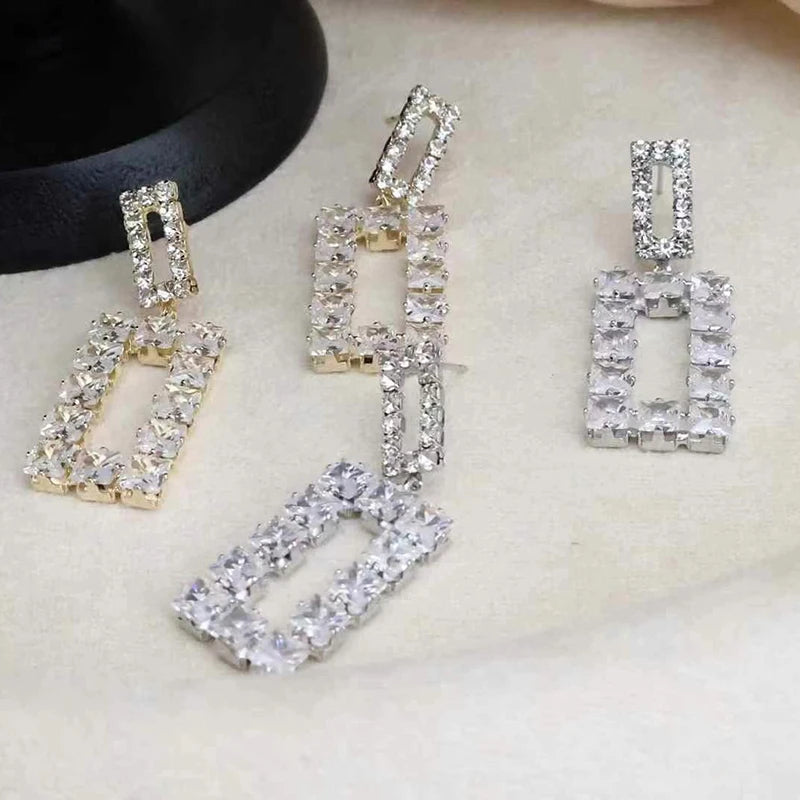 Female Tassel Square Shape New Design Rhinestone Drop Earring Fashion Sparking Glitter Luxurious Bulk Daily Jewelry Accessories