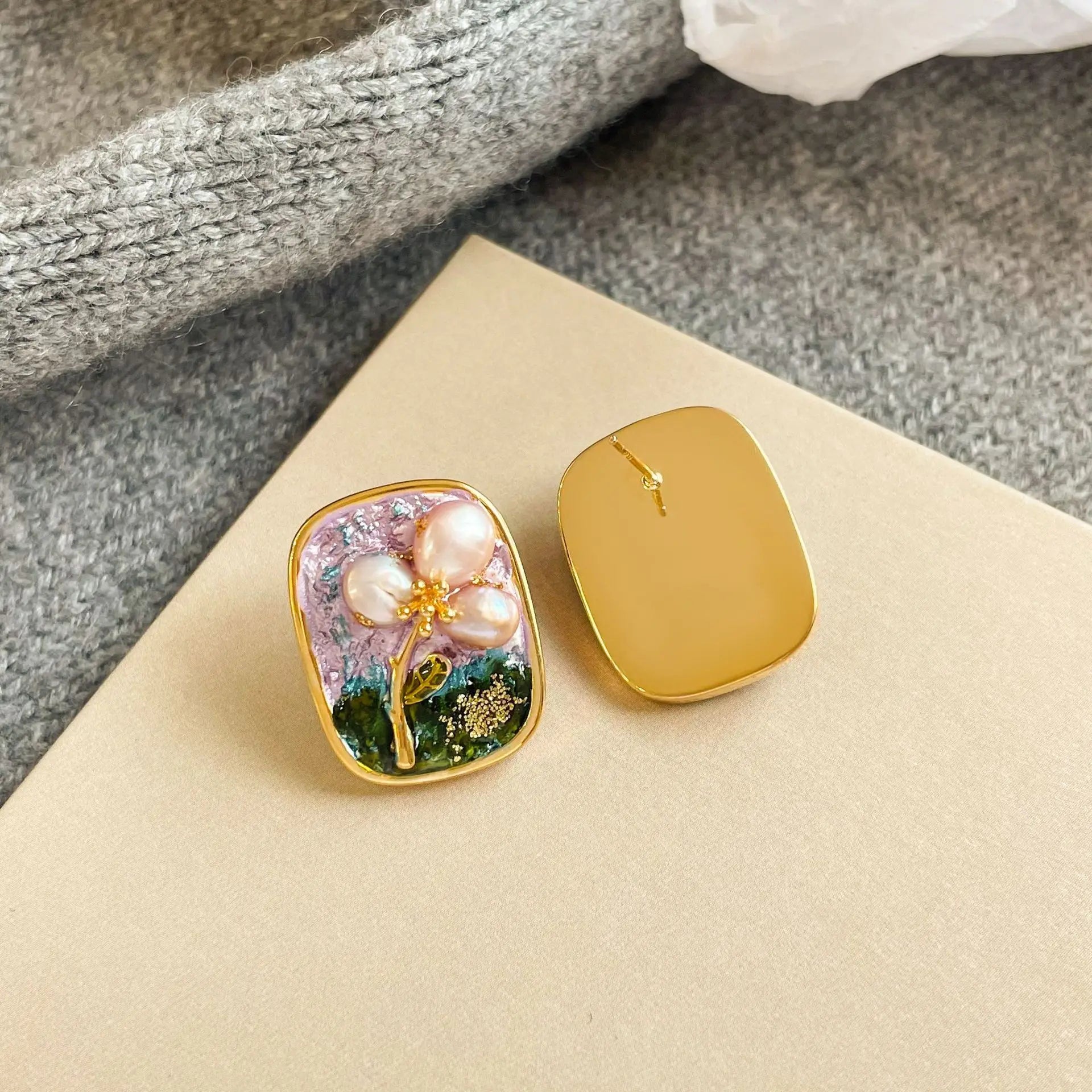 Fashion Freshwater Pearl Hand-Painted Drip Glaze Stud Earrings for Girls Dainty S925 Silver Jewelry for Women Ladies Wholesale