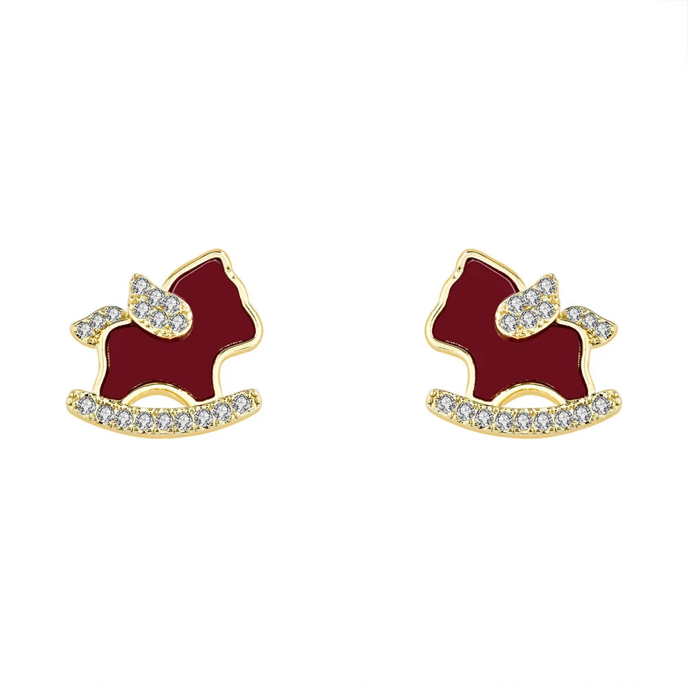 Horse Year Fashion Earrings Stud Flash Zodiac Red Cute Trojan Horse Earrings Light Luxury High-end Earrings for New Year Bulk