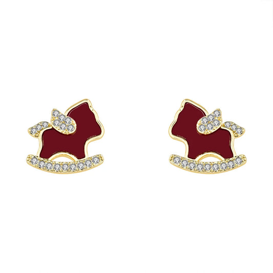Horse Year Fashion Earrings Stud Flash Zodiac Red Cute Trojan Horse Earrings Light Luxury High-end Earrings for New Year Bulk