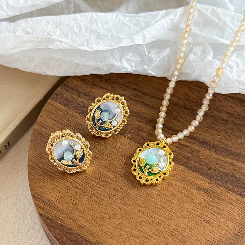 Female 0.2cm Faceted Natural Stone Chain Necklace S925 Silver 18k Gold-plated Earring Drip Glaze Hand-Painted Daily Jewelry Sets