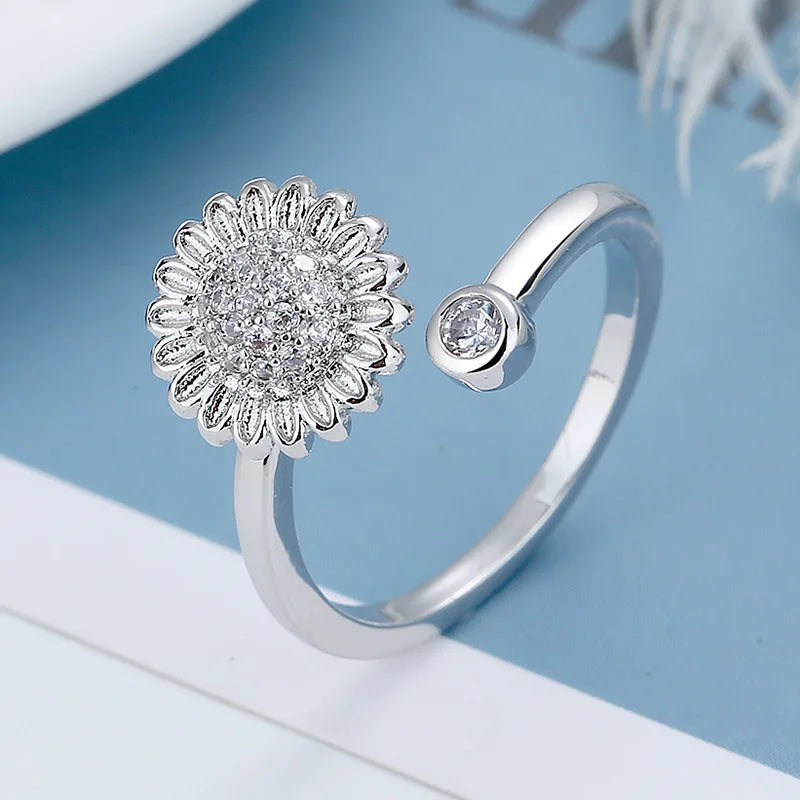 Women's Zircon Flower Rotating Rings Adjustable Stress-relieving Fashionable Ring Men's Unisex Hot Sale Accessories Wholesale