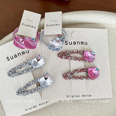 Girly Aesthetic Pink Silver Rhinestone Cat Beads Solid Color Snap Clips Hair Ties Fashion Sparking Hairpins Scrunchy Accessory