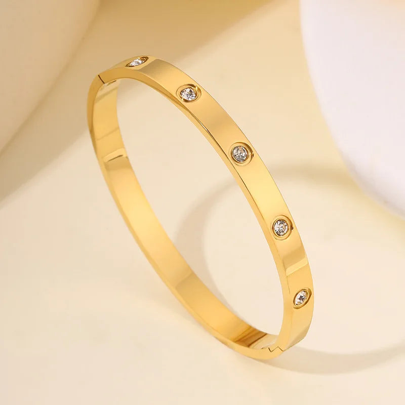 Stainless Steel Bangle Bracelet with Crystal Inlay Solid Colors Minimalist Fashion Jewelry for Women Accessories Gift Wholesale