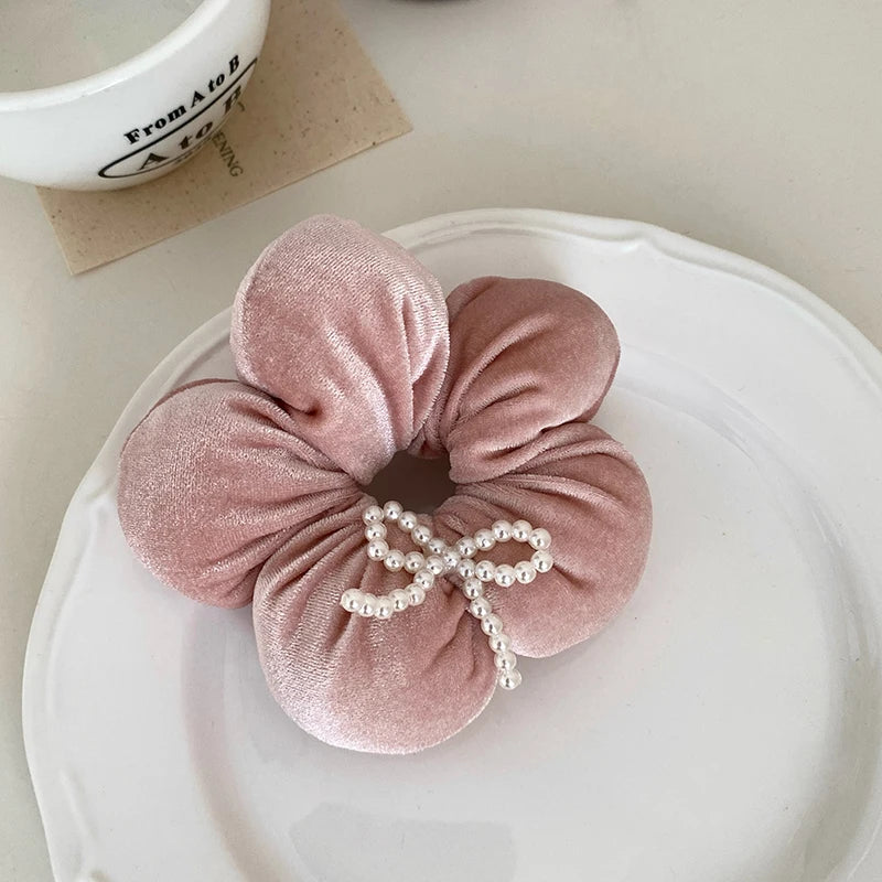Sweet Fashion Cute Imitation Pearl Bowknot Velvet Hair Ties for Baby Girls Flower Scrunchies for Kids Children Hair Accessories