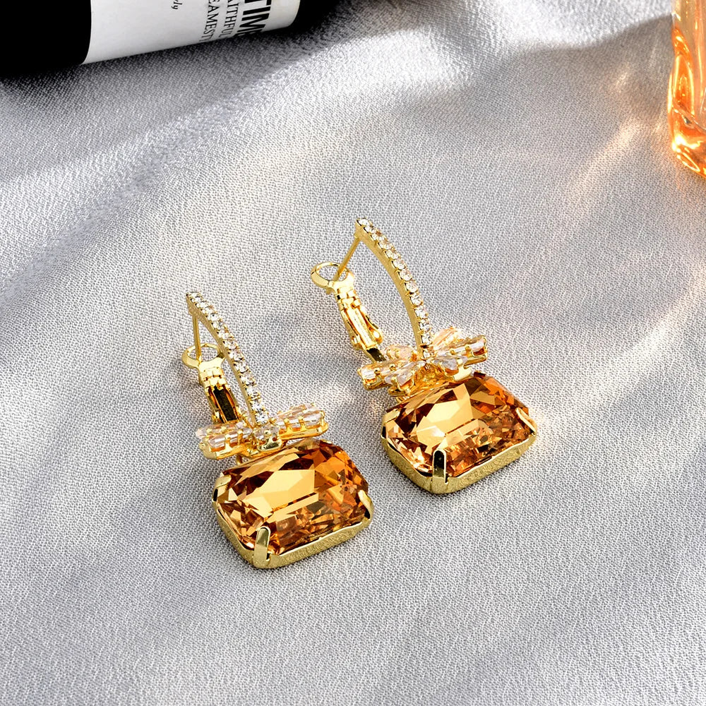 Luxury Crystal Rhinestone Drop Earrings Women Elegant Square Gemstone Dangle Earrings Fashion Sweet Party Jewelry Gift Wholesale