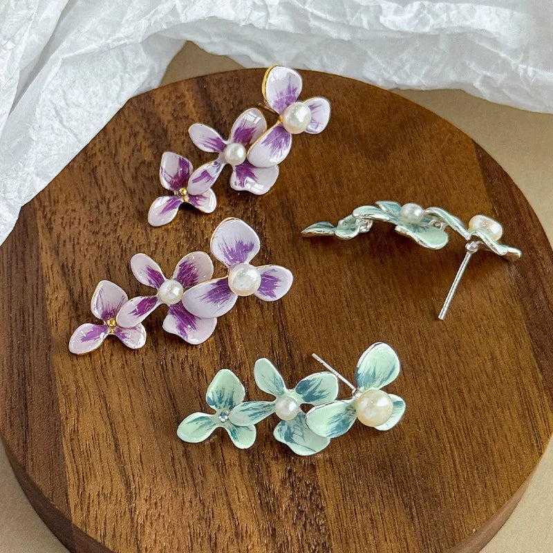 Girls Flower Freshwater Pearl S925 Silver 18k Gold-plated Green Purple Earring Factory Price Low MOQ Trendy Jewelry for Daily
