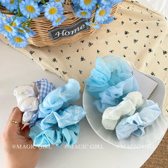 Hot Sale Women's Hair Ties Blue Solid Color with Cute Sweet Plaid Bowknot Scunchie Fashionable Flower Accessories for Girls