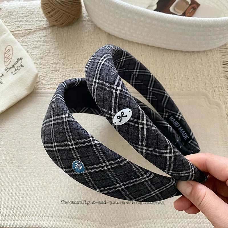 Women's Plaid Wide Headbands Navy Blue College Style Basic Model Hairband Elegant Retro Hair Accessories for Girls Wholesale