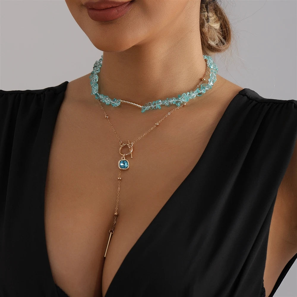 Fashion Blue Crystal Sweet Glitter Luxury Necklaces for Girls Elegant Charms Jewelry for Women Ladies Female Accessories