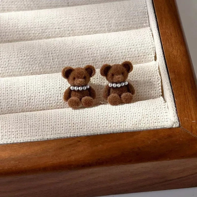 Fashion Sweet Fluffy Animals Bear Stud Earrings for Girls Trendy Imitation Pearl Jewelry for Women Ladies Accessories Wholesale