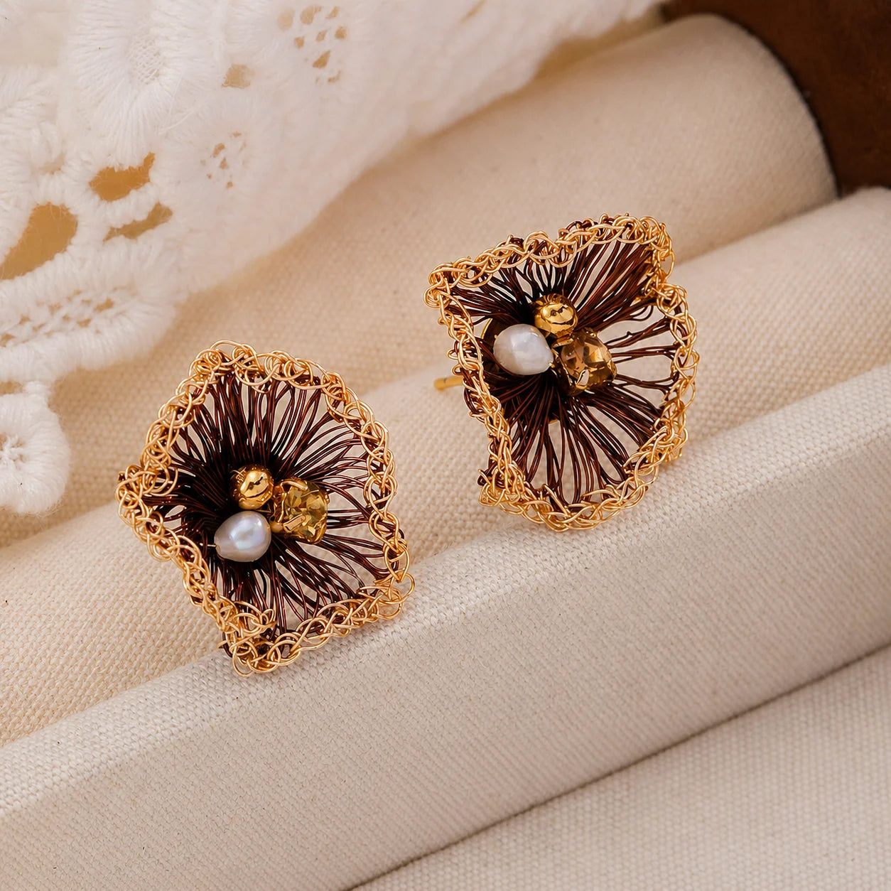 Fashion Copper Wire Crochet Flower Artisan Work Stud Earrings for Girls Sweet Jewelry for Women Ladies Wholesale China Factory