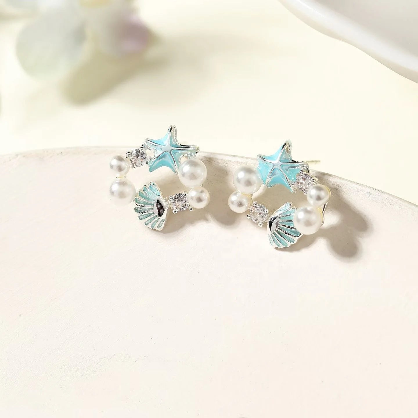Copper Alloy Blue Sweet Stud Earrings with Starfish Conch Shell Pearl Earrings Light Fashion Ear Stud Wholesale Women's Jewelry