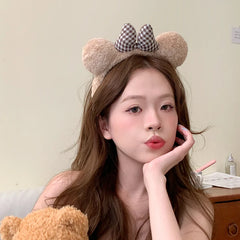 2025 Brand New Cute Sweet Bear Head Band for Girls Kids Plaid Bowknot Fashion Hair Band for Women Ladies Hair Accessories