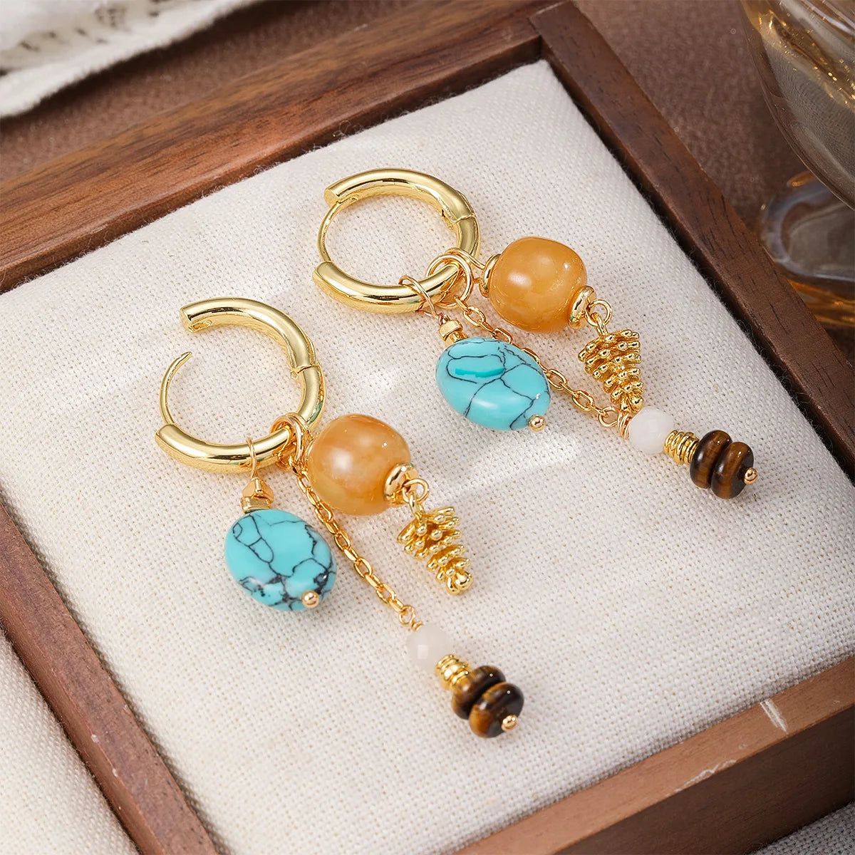 Women Blue Brown Natural Stone 18k Gold-plated Drop Earring Fashion Elegant Factory Price Low MOQ in Stock Jewelry for Female